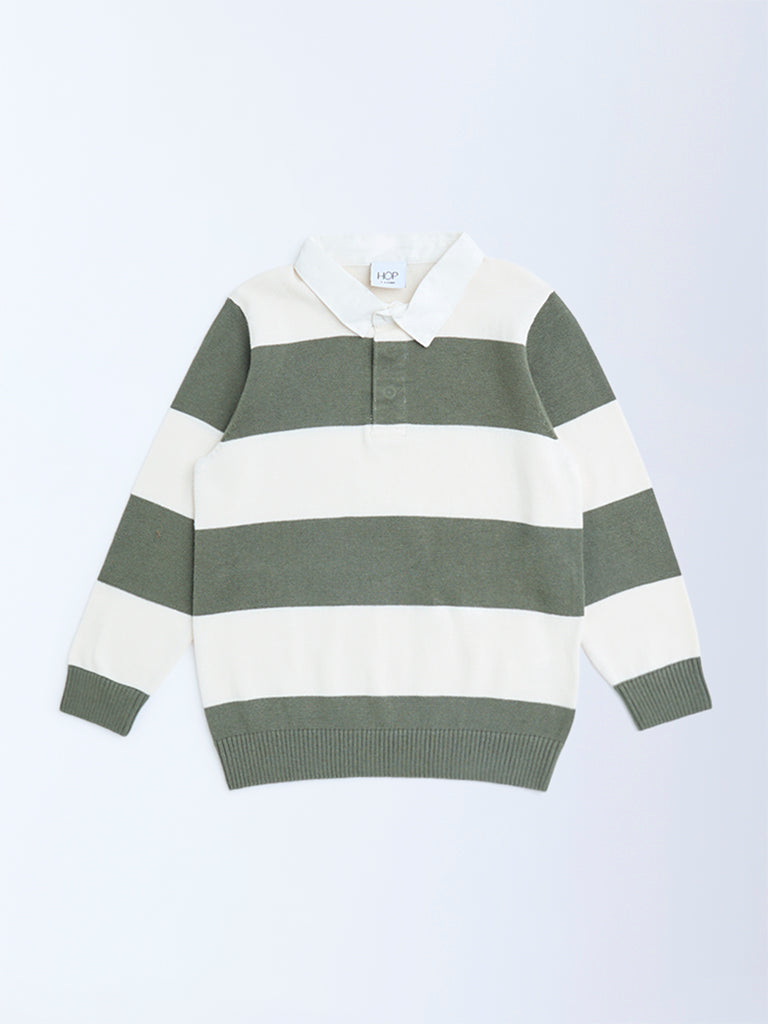 HOP Kids Olive Striped Cotton Polo Sweater