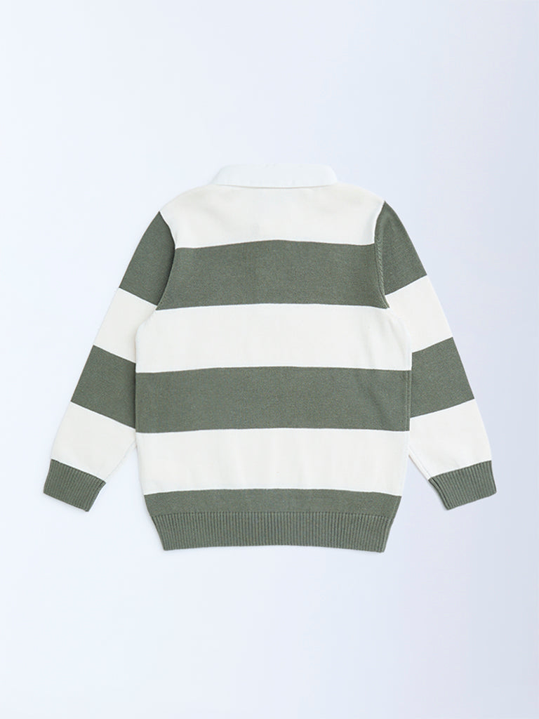 HOP Kids Olive Striped Cotton Polo Sweater