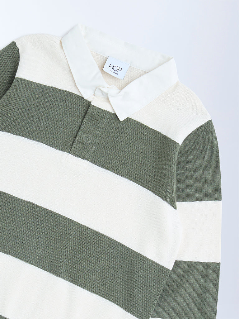 HOP Kids Olive Striped Cotton Polo Sweater