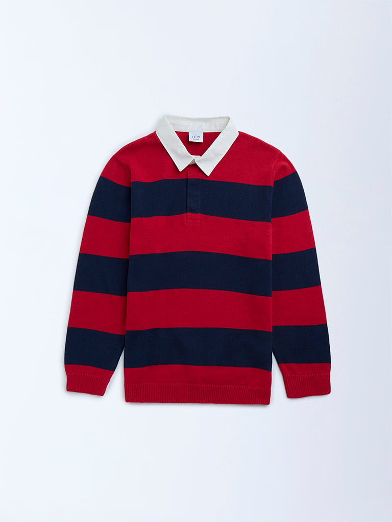 HOP Kids Red Striped Cotton Polo Sweater