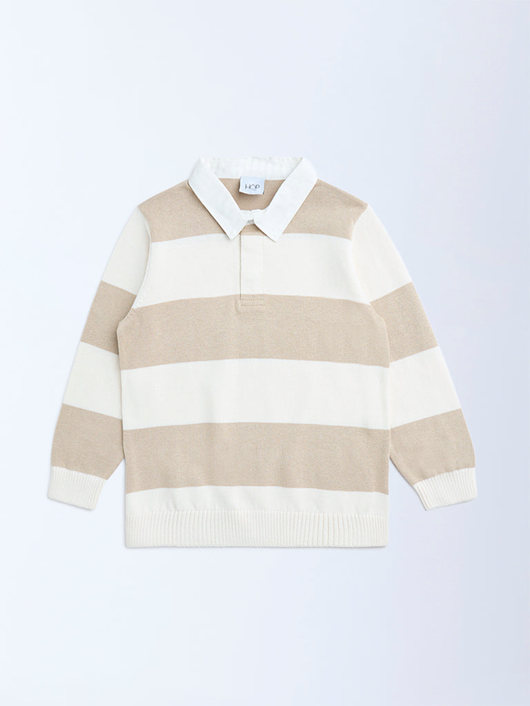HOP Kids Beige Striped Cotton Polo Sweater