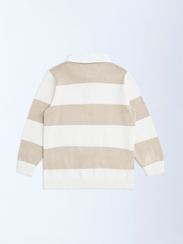 HOP Kids Beige Striped Cotton Polo Sweater