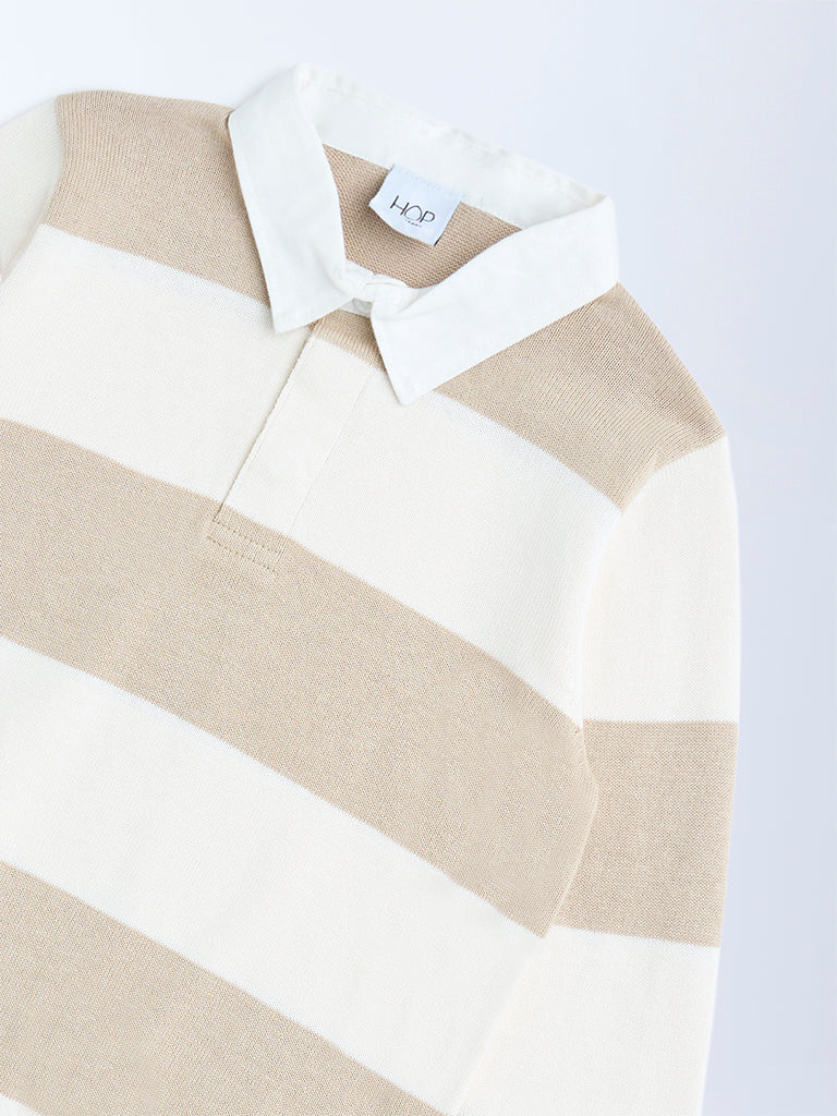 HOP Kids Beige Striped Cotton Polo Sweater