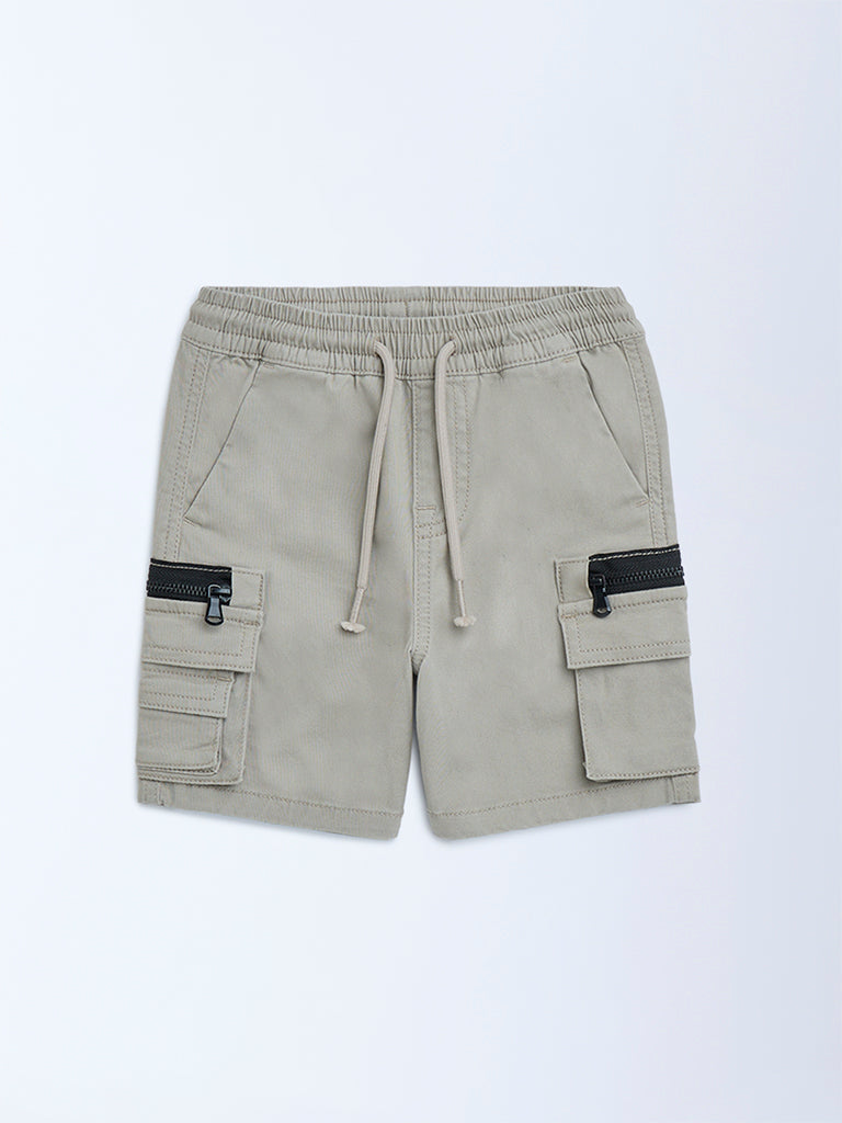 HOP Kids Taupe Mid-Rise Cotton-Blend Cargo Shorts