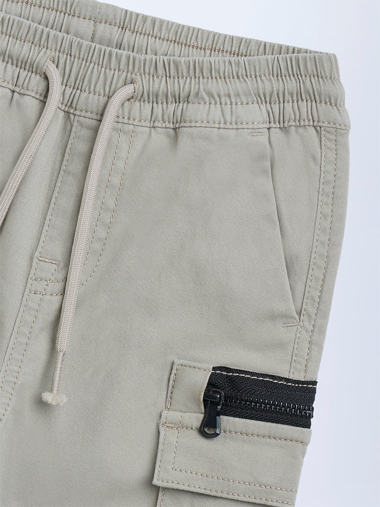 HOP Kids Taupe Mid-Rise Cotton-Blend Cargo Shorts