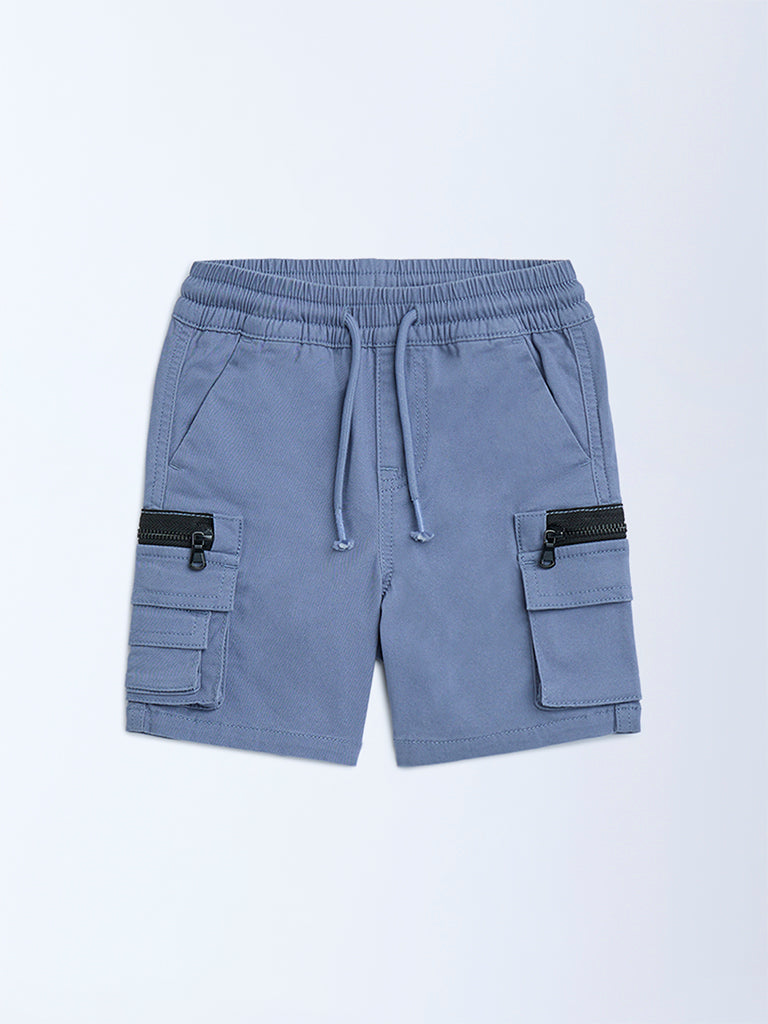 HOP Kids Dusty Blue Mid-Rise Cotton-Blend Cargo Shorts