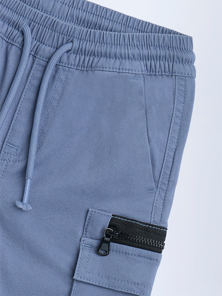 HOP Kids Dusty Blue Mid-Rise Cotton-Blend Cargo Shorts