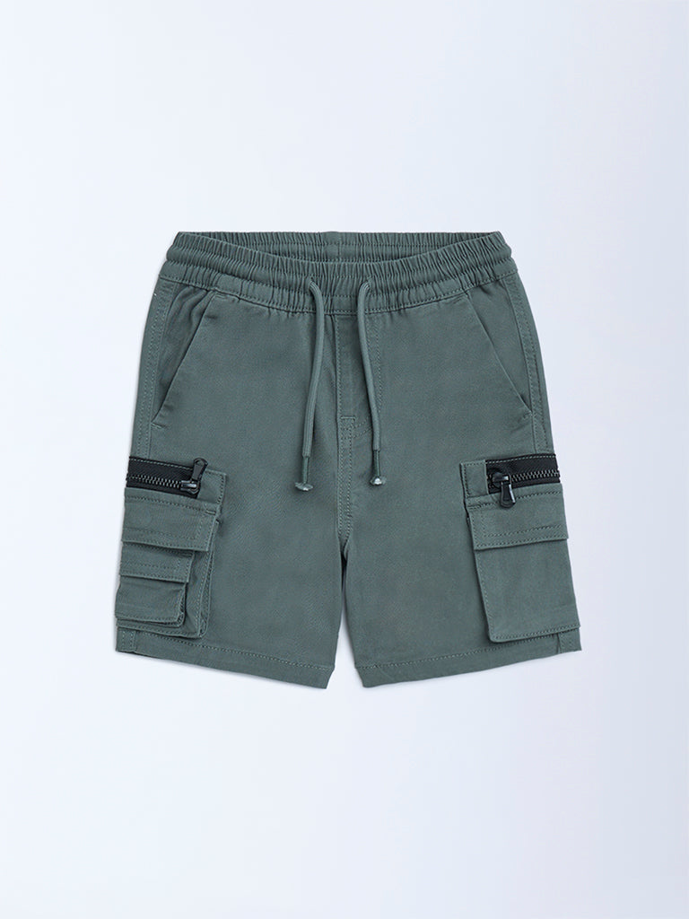 HOP Kids Olive Mid-Rise Cotton-Blend Cargo Shorts