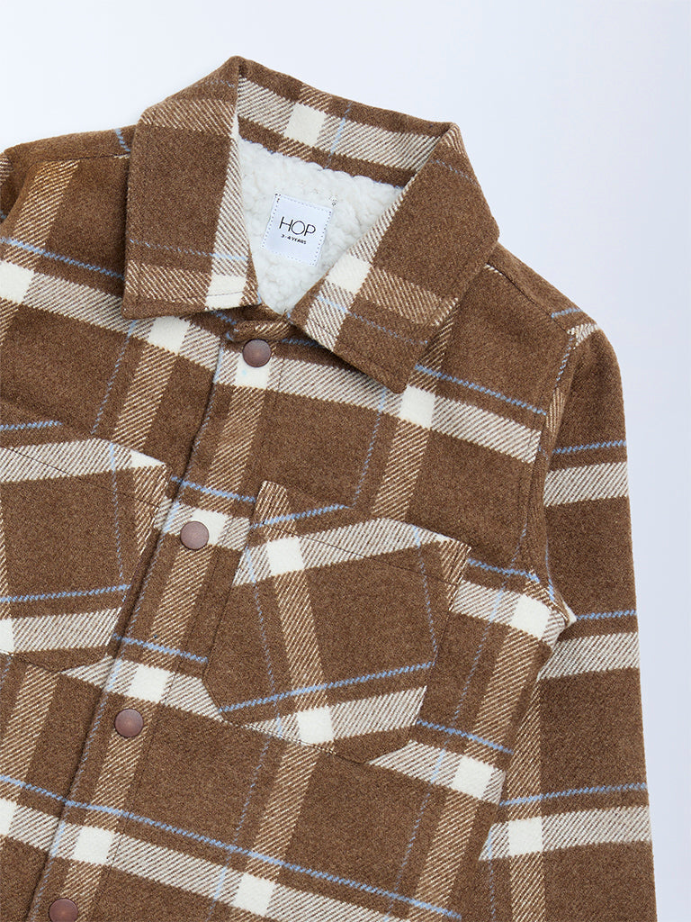 HOP Kids Brown Checked Design Cotton Shacket