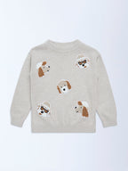 HOP Kids Beige Animal Embroidered Cotton Sweater