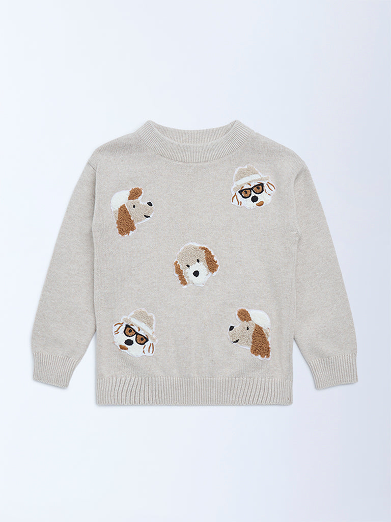 HOP Kids Beige Animal Embroidered Cotton Sweater