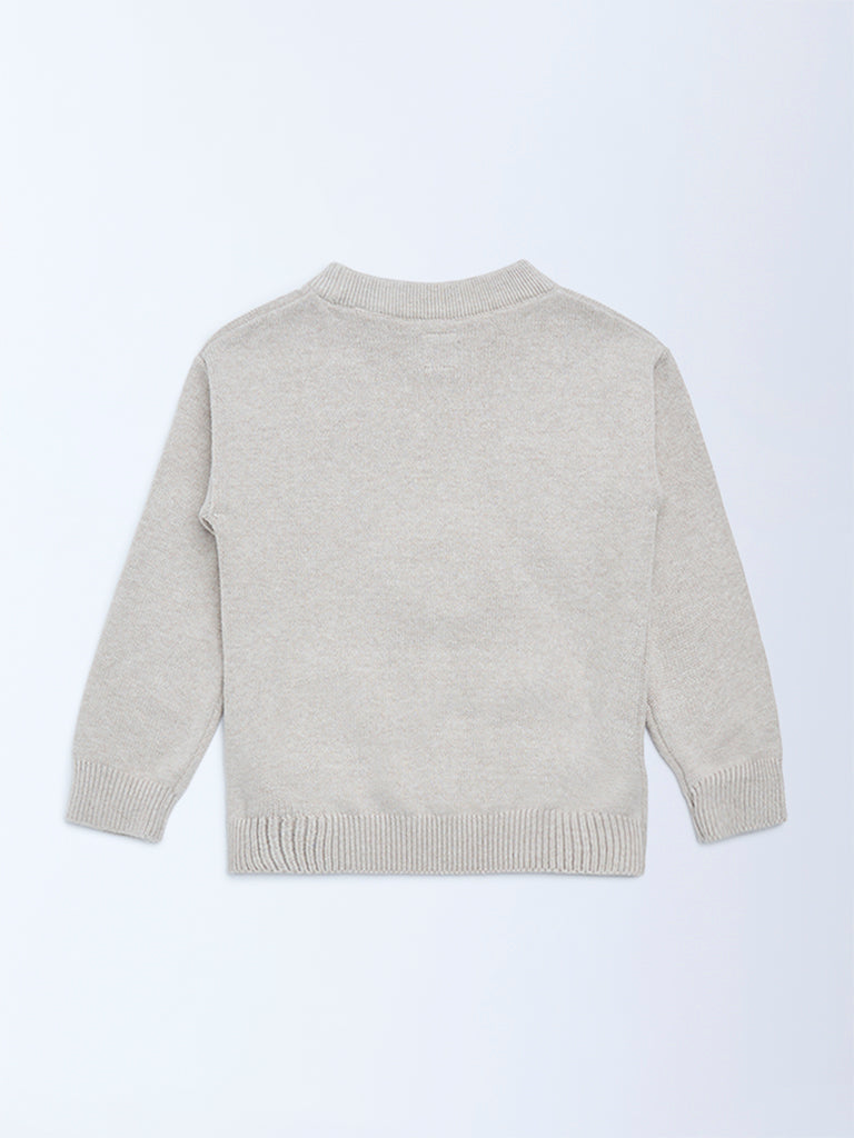 HOP Kids Beige Animal Embroidered Cotton Sweater