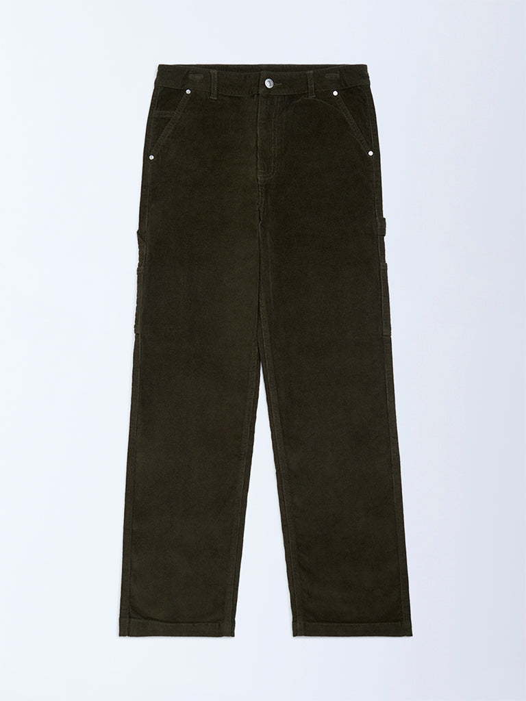 Y&F Kids Olive Relaxed-Fit Mid-Rise Cotton-Blend Trousers