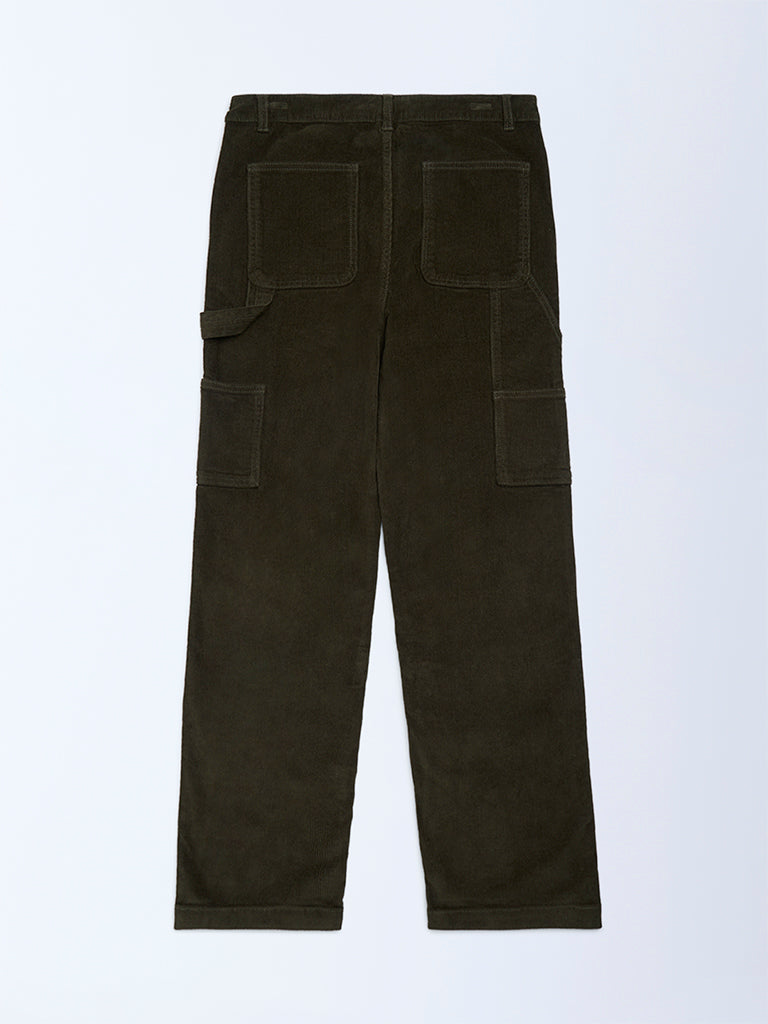 Y&F Kids Olive Relaxed-Fit Mid-Rise Cotton-Blend Trousers