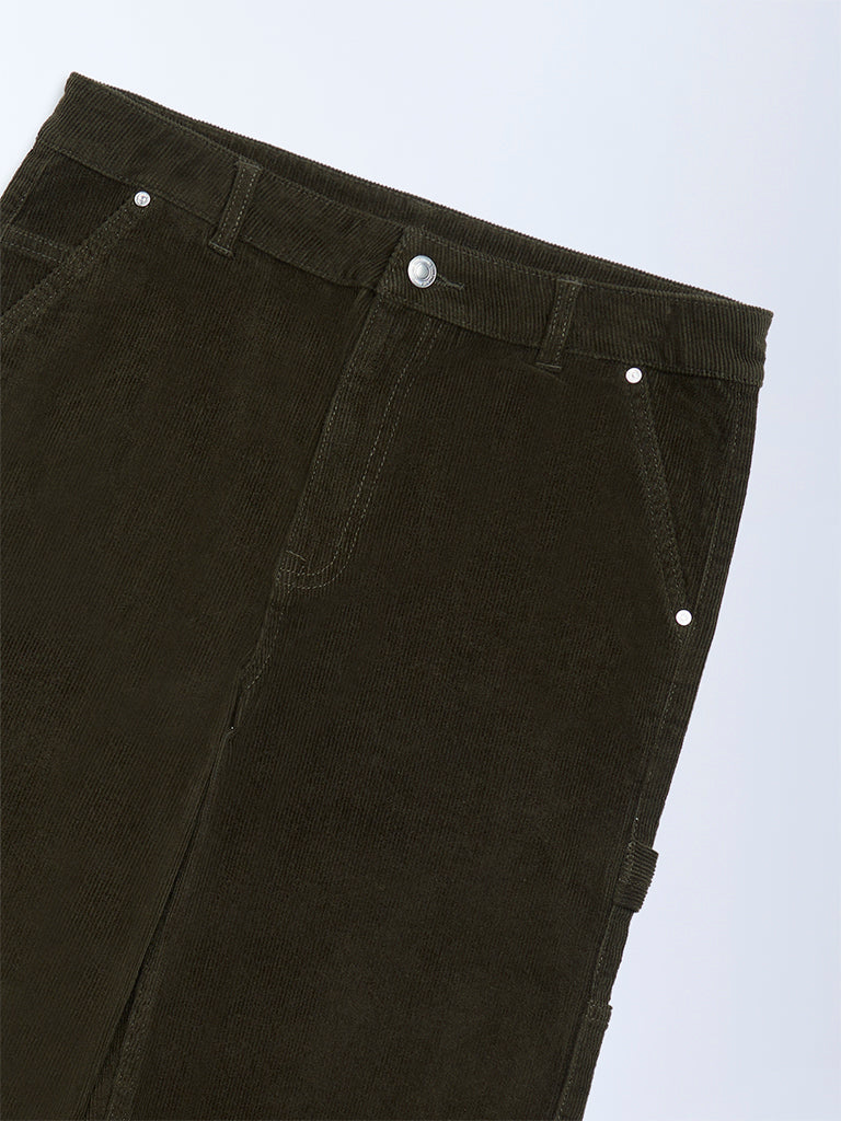 Y&F Kids Olive Relaxed-Fit Mid-Rise Cotton-Blend Trousers