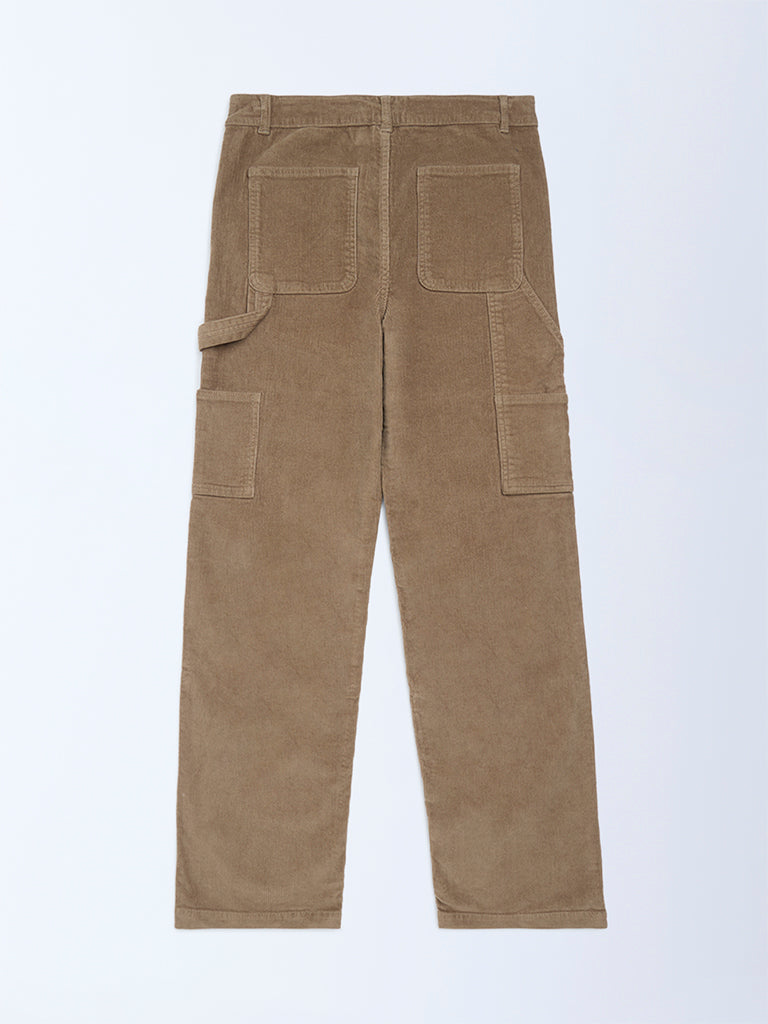 Y&F Kids Taupe Relaxed-Fit Mid-Rise Cotton-Blend Trousers