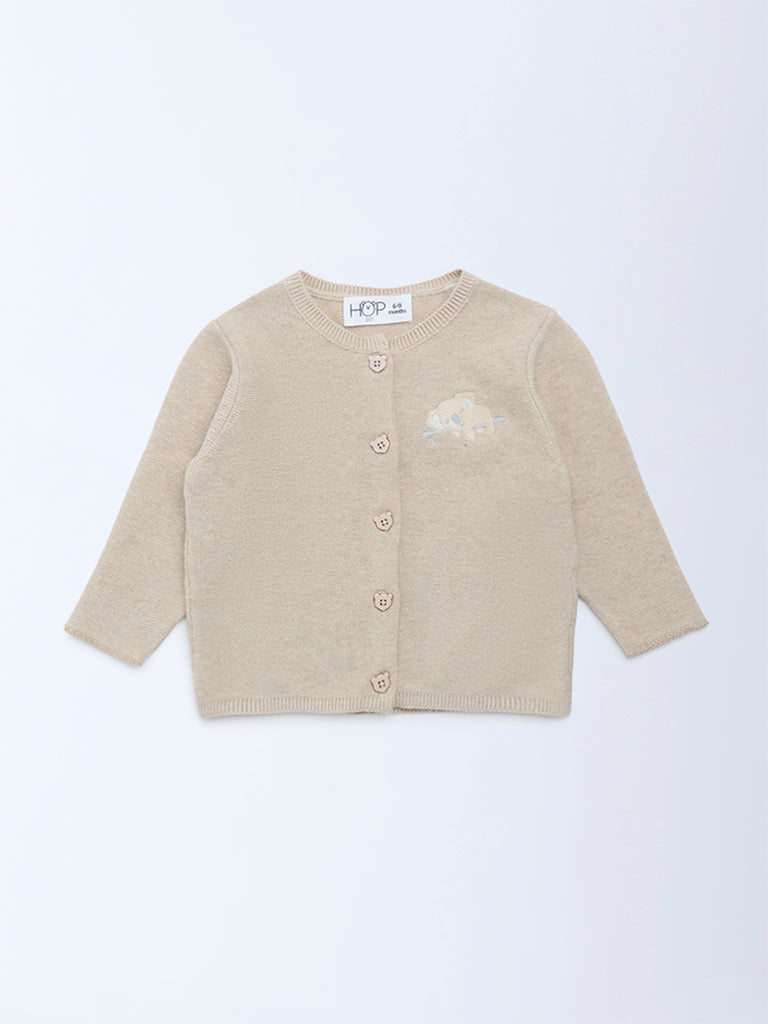 HOP Baby Taupe Animal Embroidered Cotton Sweater