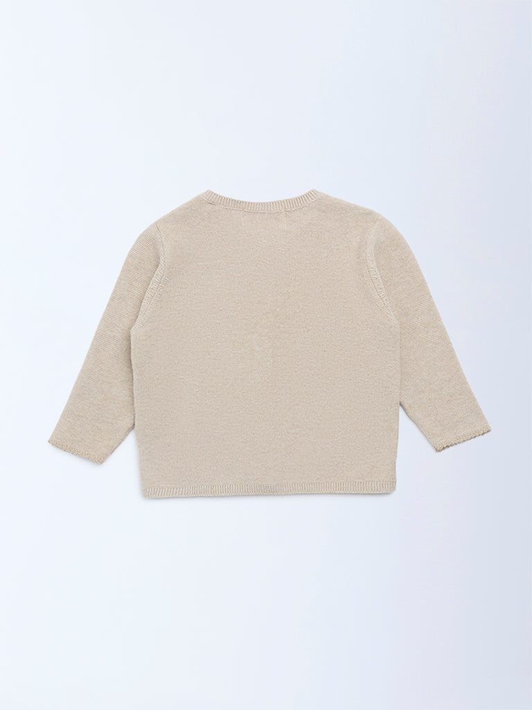 HOP Baby Taupe Animal Embroidered Cotton Sweater