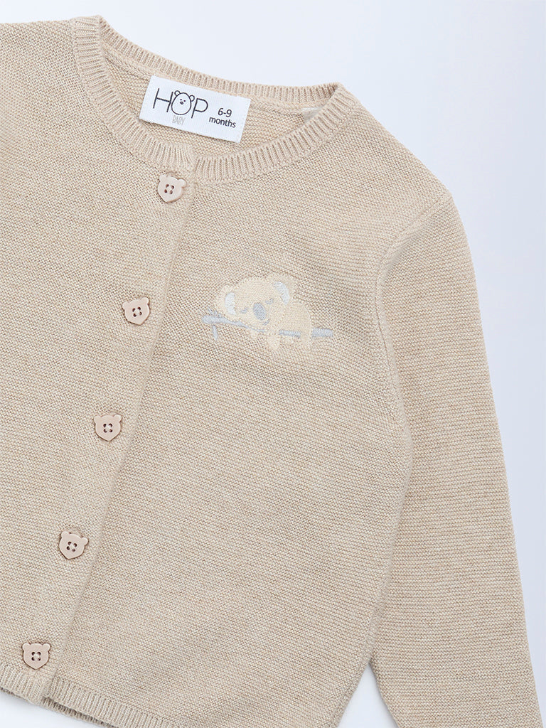 HOP Baby Taupe Animal Embroidered Cotton Sweater