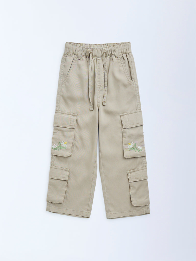 HOP Kids Beige Cargo-Style High-Rise Trousers