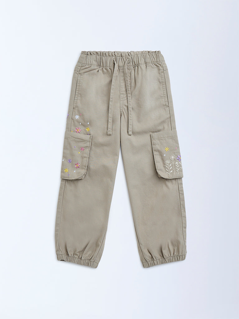 HOP Kids Beige Floral Embroidered Mid-Rise Cotton Joggers