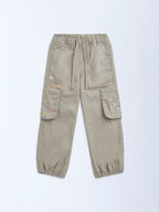 HOP Kids Beige Floral Embroidered Mid-Rise Cotton Joggers