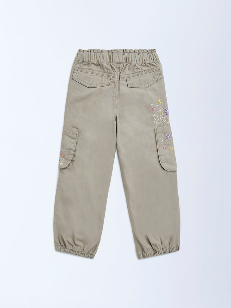 HOP Kids Beige Floral Embroidered Mid-Rise Cotton Joggers