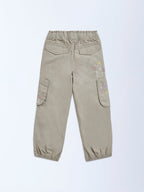 HOP Kids Beige Floral Embroidered Mid-Rise Cotton Joggers