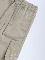 HOP Kids Beige Floral Embroidered Mid-Rise Cotton Joggers