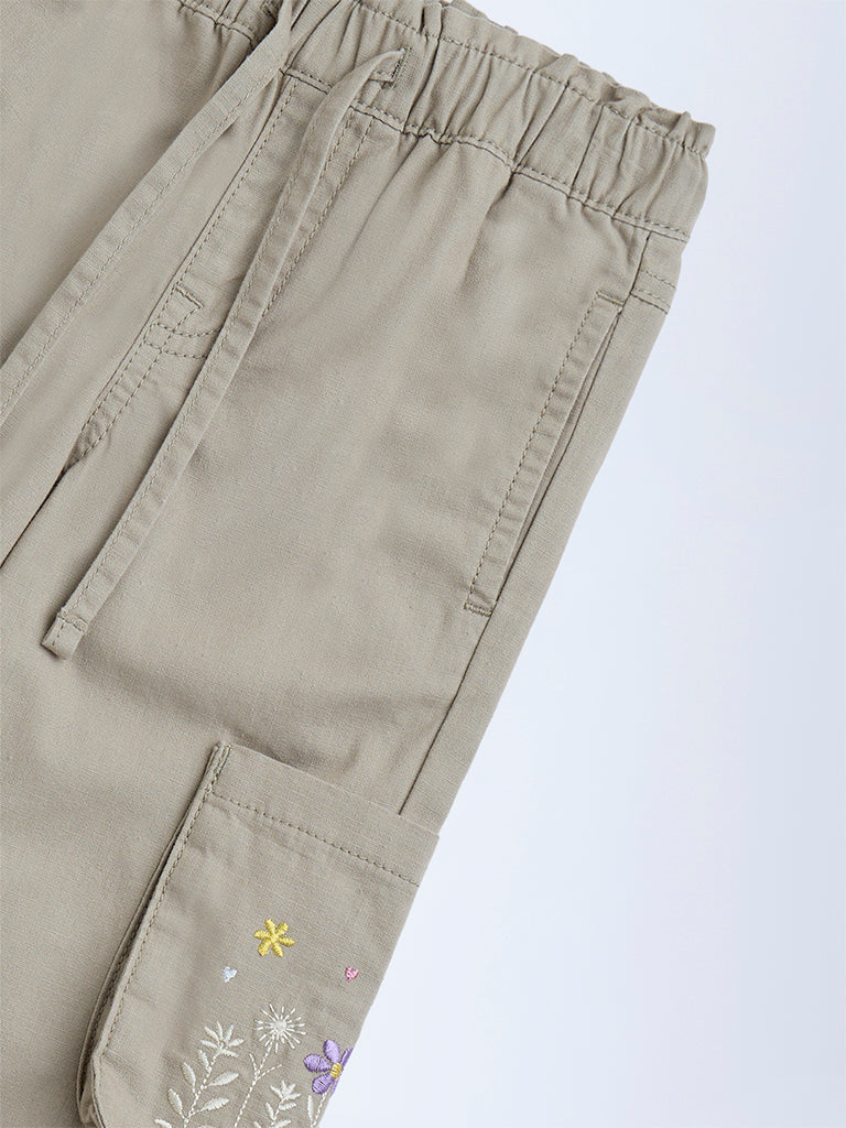 HOP Kids Beige Floral Embroidered Mid-Rise Cotton Joggers