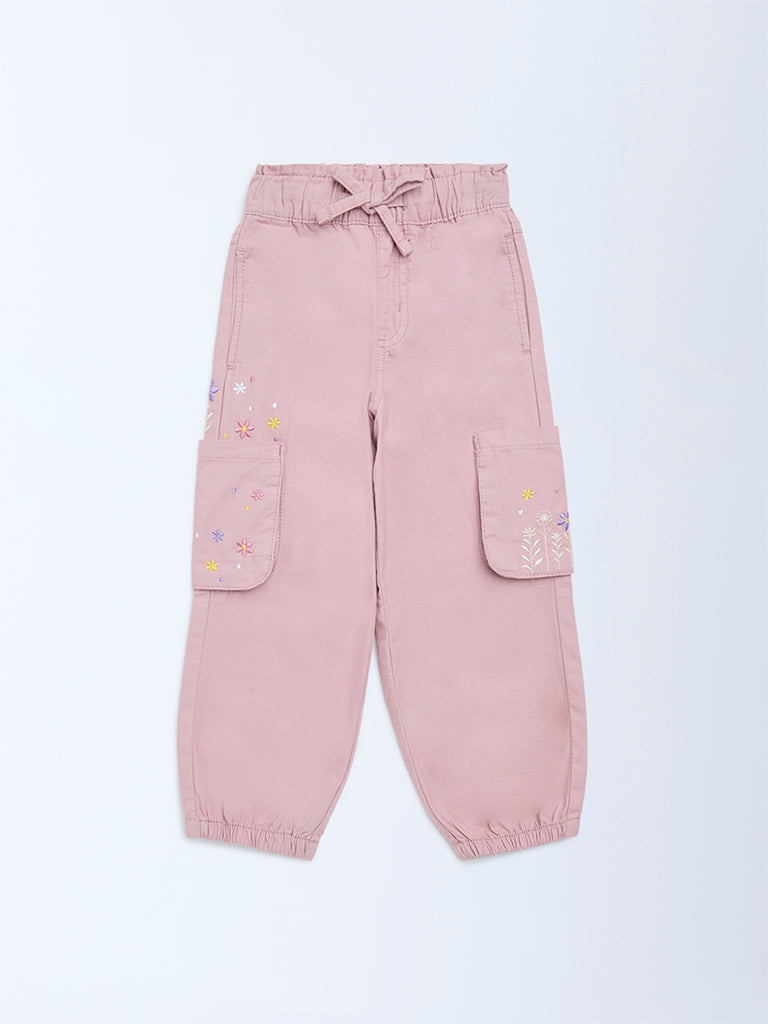 HOP Kids Dusty Pink Floral Embroidered High-Rise Joggers