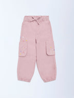 HOP Kids Dusty Pink Floral Embroidered High-Rise Joggers
