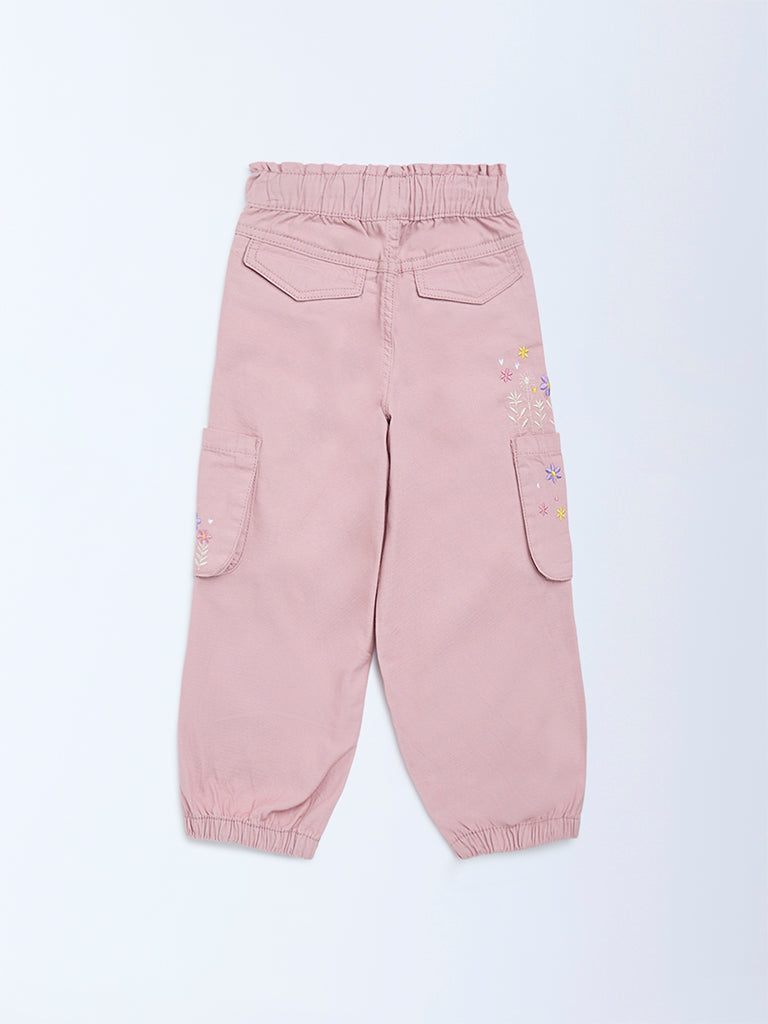HOP Kids Dusty Pink Floral Embroidered High-Rise Joggers