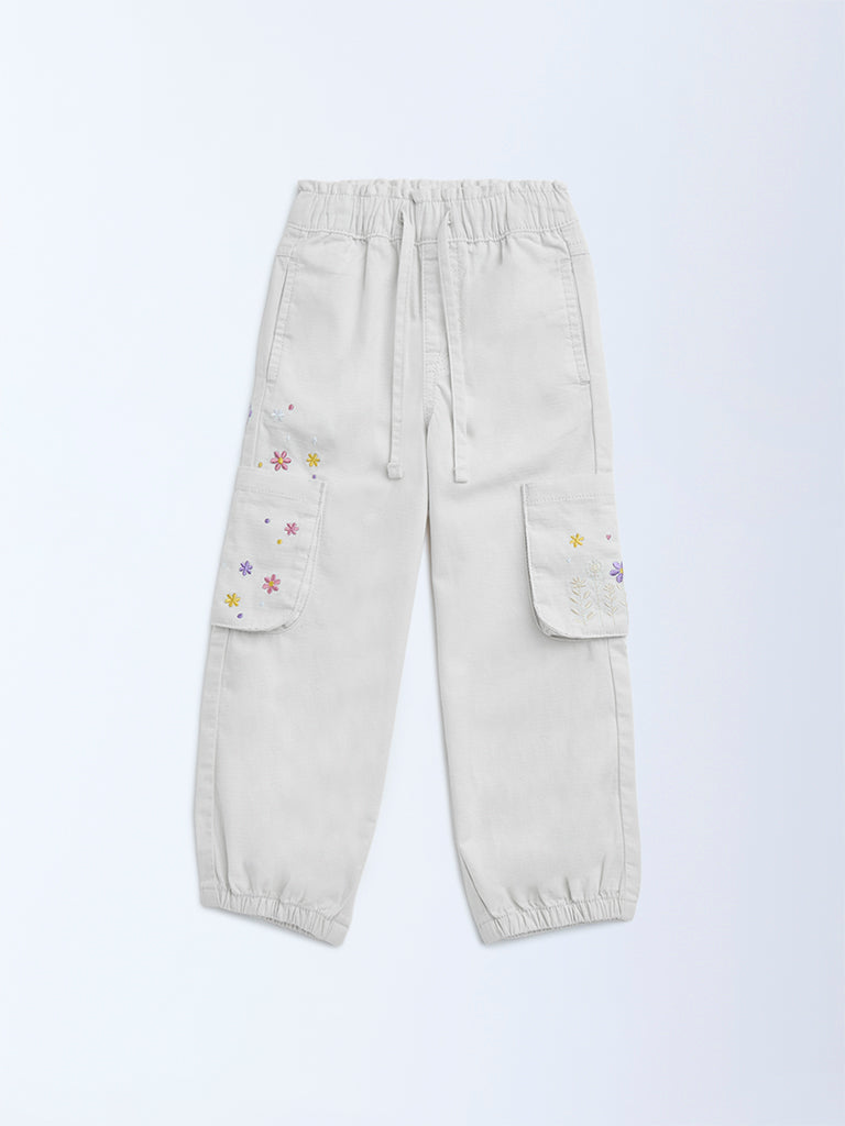 HOP Kids Off-White Embroidered Mid-Rise Cotton Joggers