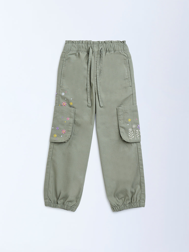 HOP Kids Sage Floral Embroidered Mid-Rise Cotton Joggers