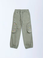 HOP Kids Sage Floral Embroidered Mid-Rise Cotton Joggers