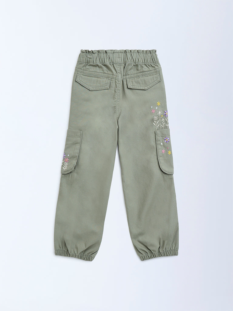 HOP Kids Sage Floral Embroidered Mid-Rise Cotton Joggers