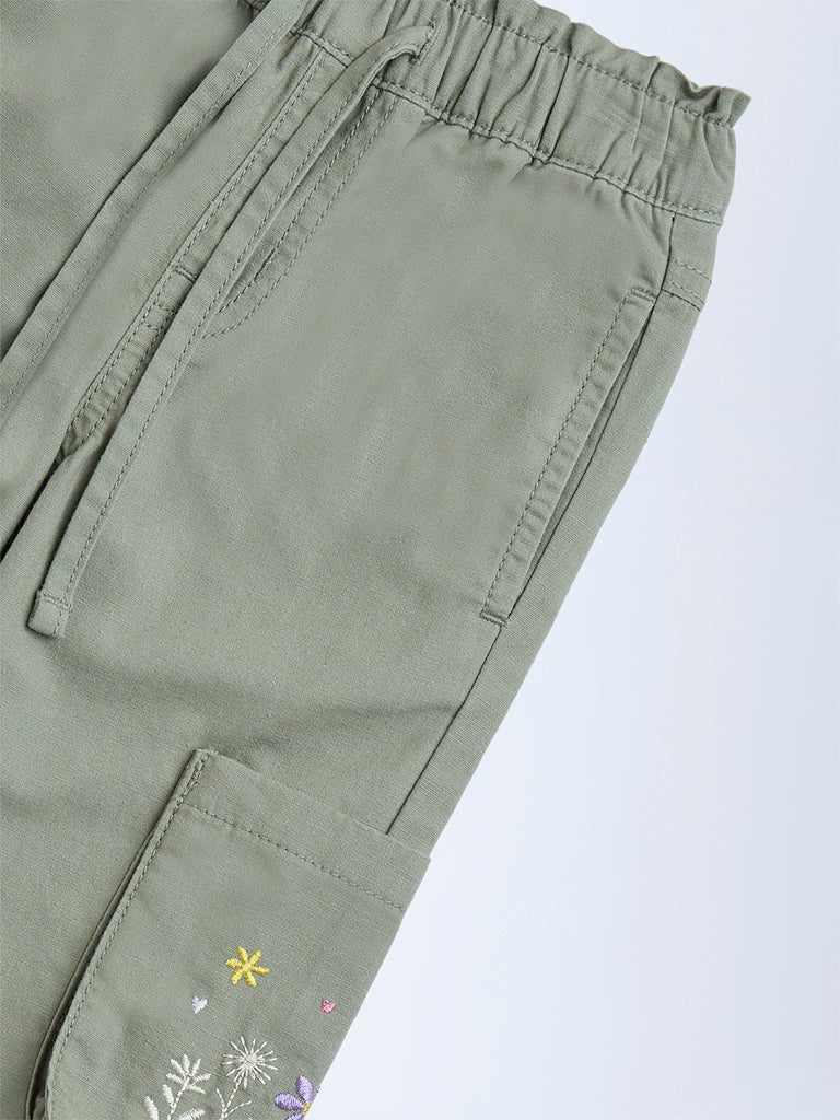 HOP Kids Sage Floral Embroidered Mid-Rise Cotton Joggers