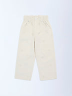 HOP Kids Beige Floral Printed High-Rise Corduroy Trousers