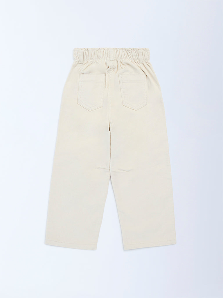 HOP Kids Beige Floral Printed High-Rise Corduroy Trousers