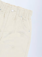 HOP Kids Beige Floral Printed High-Rise Corduroy Trousers