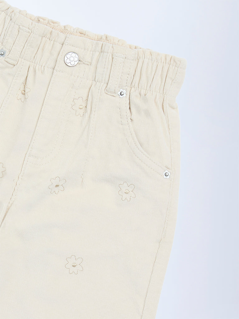 HOP Kids Beige Floral Printed High-Rise Corduroy Trousers