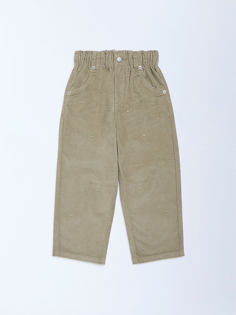 HOP Kids Light Olive Paperbag-Waist Corduroy Trousers
