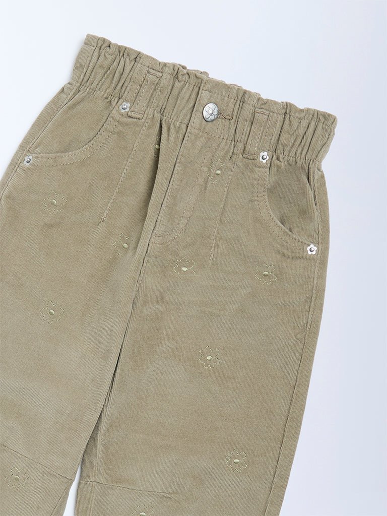 HOP Kids Light Olive Paperbag-Waist Corduroy Trousers