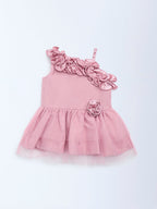 HOP Baby Pink One-Shoulder Floral Applique Dress
