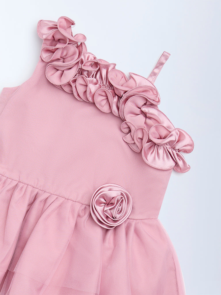 HOP Baby Pink One-Shoulder Floral Applique Dress
