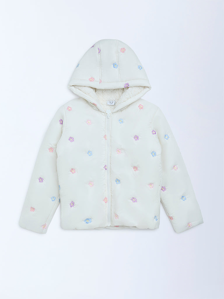 HOP Kids Off-White Floral Embroidered Hooded Jacket