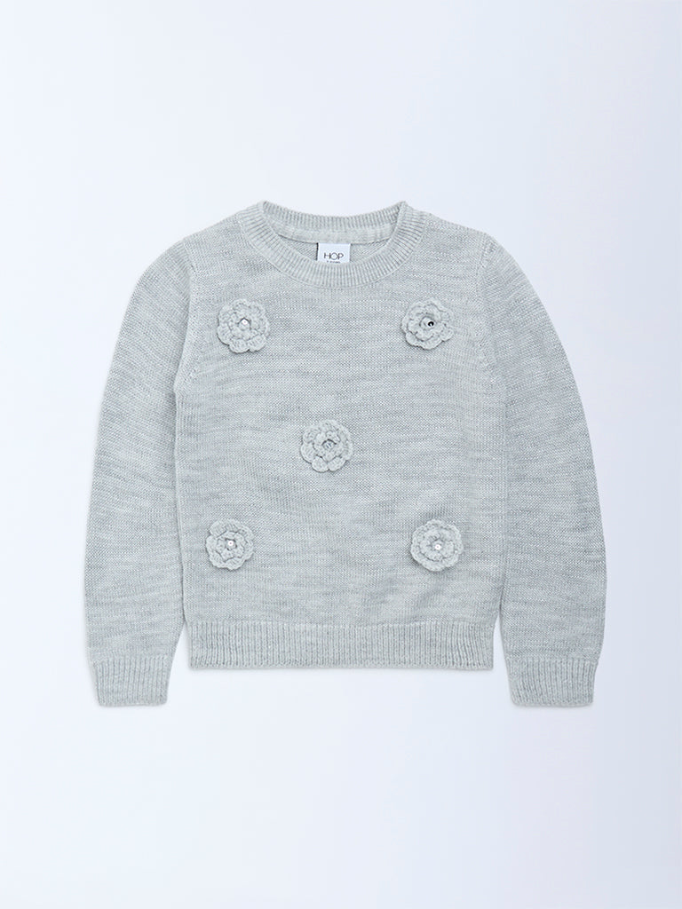 HOP Kids Grey Floral Applique Sweater