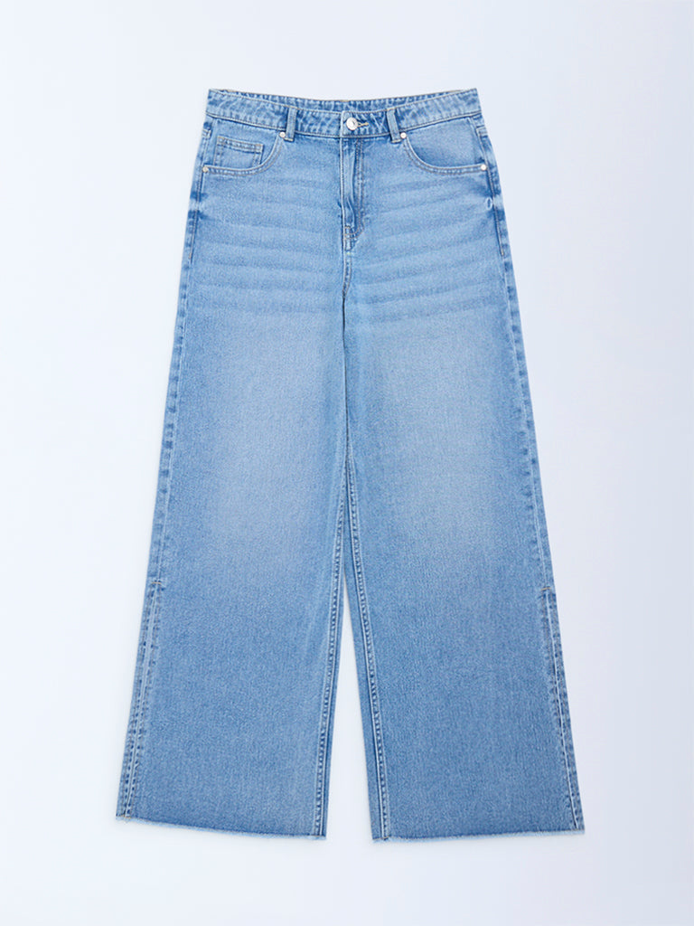 Y&F Kids Blue Faded Wide-Leg High-Rise Jeans