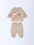 HOP Baby Beige Christmas-Themed Sweatshirt and Pants Set